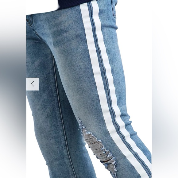 BOOHOO MAN Distressed Super Skinny White Painted Stripe Jean Blue Mens Size 28. - Picture 15 of 16